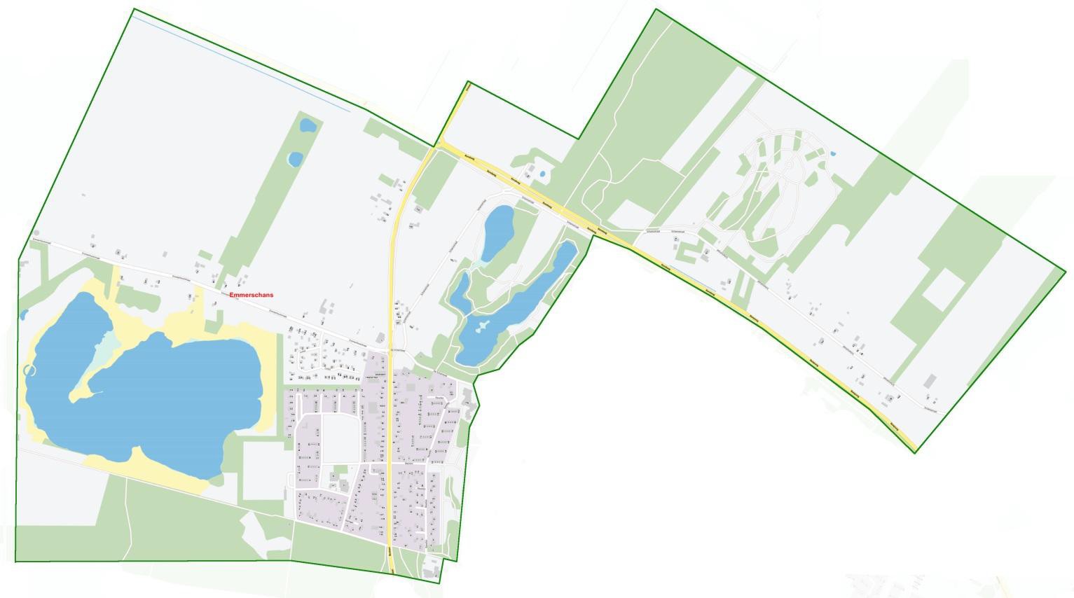 uitsnede topografische kaart grondgebied wijk Emmerschans. Woonwijk inclusief de historische Schans en landelijk gebied.